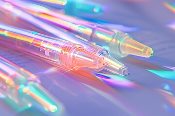 A set of pastel highlighters with a vaporwave aesthetic, casting a holographic sheen on the page
