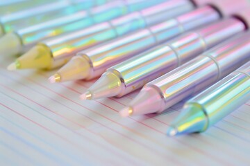 A set of pastel highlighters with a vaporwave aesthetic, casting a holographic sheen on the page