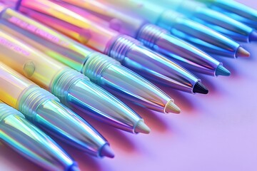 A set of pastel highlighters with a vaporwave aesthetic, casting a holographic sheen on the page