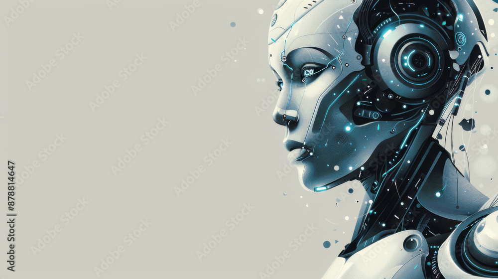 Poster detailed side profile of a futuristic female robot with advanced technology and intricate design ele