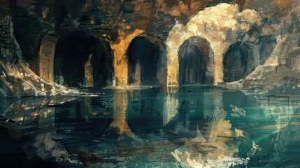 A painting of a deep underground cave with stone archways and a still pool of water