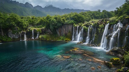 Fototapeta premium Waterfalls at petrohue located down of jesus los padres lakes
