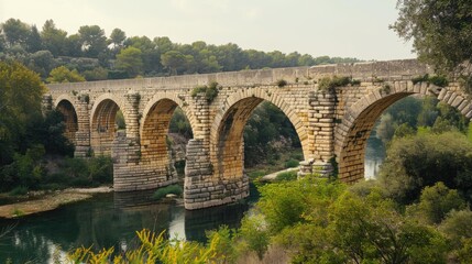 A stone bridge spans a river surrounded by lush green trees, perfect for scenic views or rustic themes