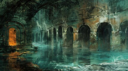 Flooded ancient hallway with arched entrance