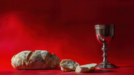 Silver chalice and bread on red tablecloth