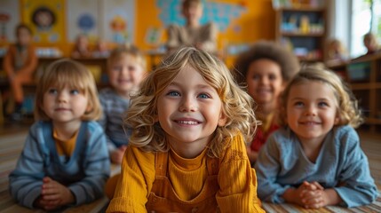 Young children listening to an animation on the floor in their nursery class, smiling and having a good time.