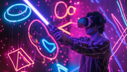 Man with VR glasses fencing neon swords with music blocks. Skilled person playing a game with sword and entering metaverse with neon city background blurring.