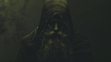 A hooded Viking with a long, braided beard, shrouded in darkness. His face is mostly hidden, revealing only intense eyes and a serious expression, evoking ancient Norse legends