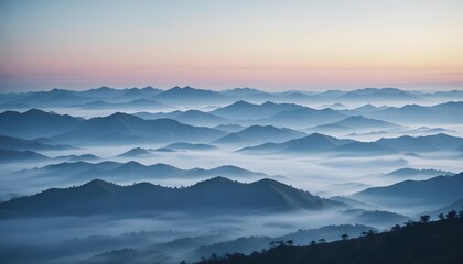 mountain layers and sunrise view in cold and foggy weather.