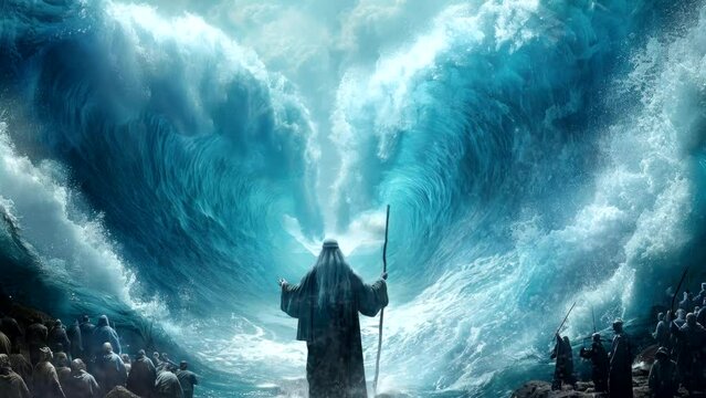 a moment prophet moses split sea into two parts, ilustration  video animation background Seamless looping  4k quality