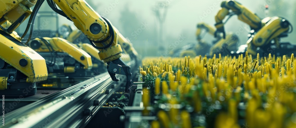 Poster featuring an automated production line with robotic arms, emphasizing the technology of modern manuf