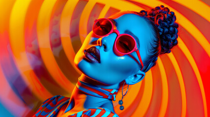 Fashion retro futuristic girl on background with future extravagant or pop art 3D wallpaper. Futuristic retro fashion woman with geometric pattern of balloon balls