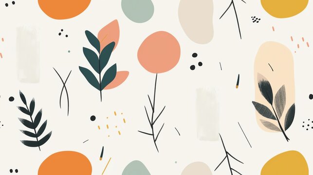 Abstract floral pattern with colorful shapes and botanical elements on a light background, ideal for modern design projects.