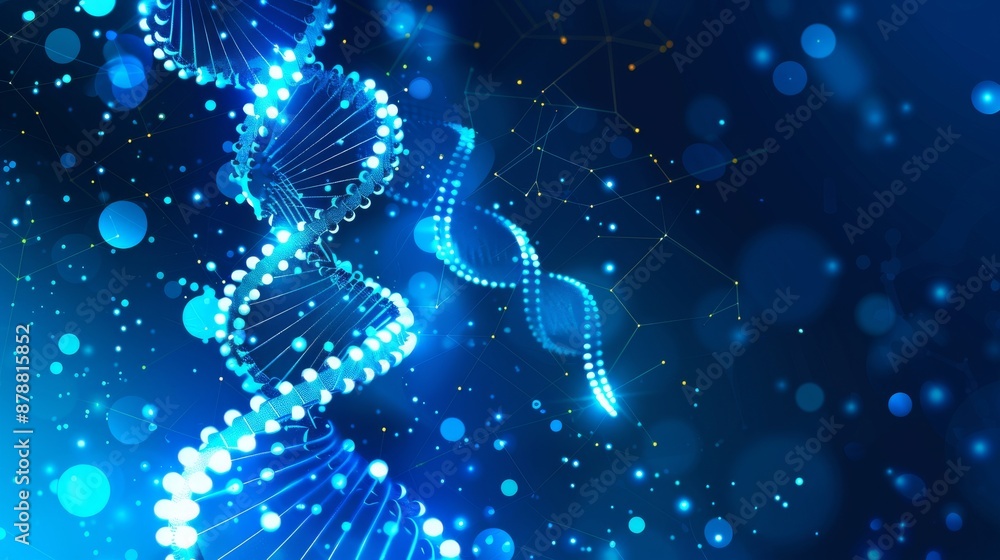 Poster an image of a rotating, glowing dna molecule on a blue background in 3d