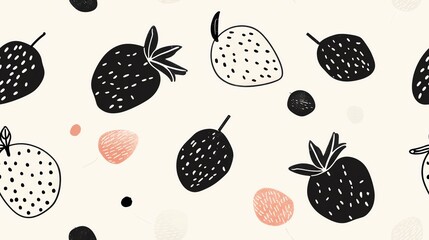 Minimalist seamless pattern of hand-drawn strawberries in black and white