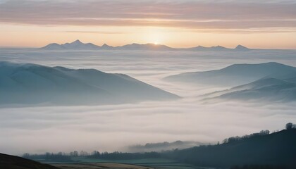 Fototapeta premium mountain layers and sunrise view in cold and foggy weather.