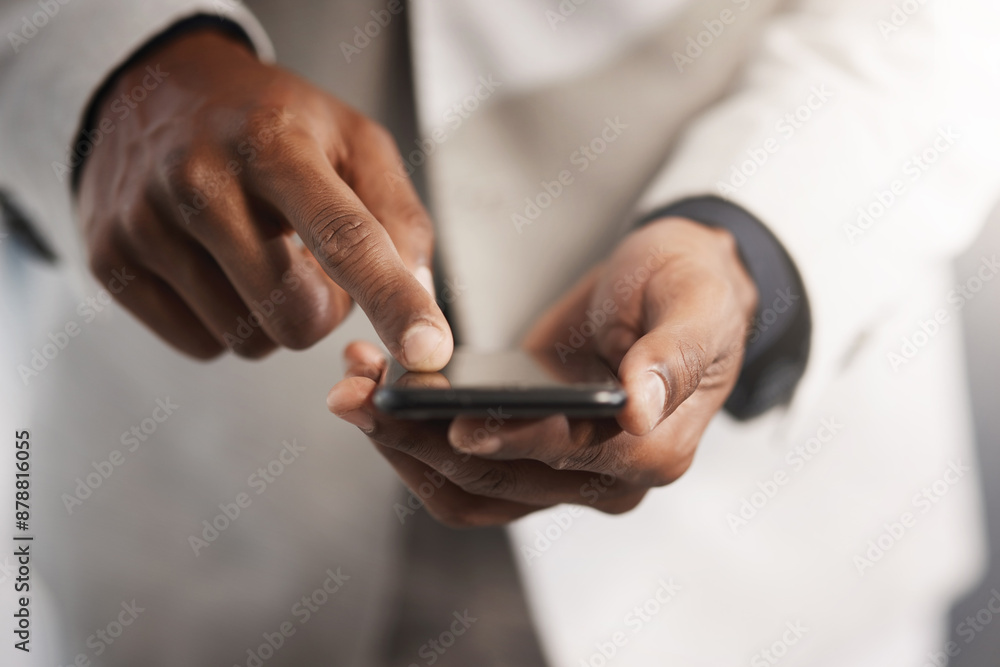 Aufkleber Cellphone, hand and businessman with contact communication for networking with investment client. Phone, information and closeup of financial advisor scroll on mobile app for stock market research.