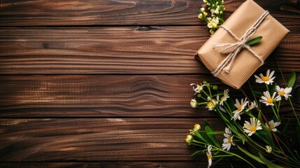 Flowers and gift box on wooden table