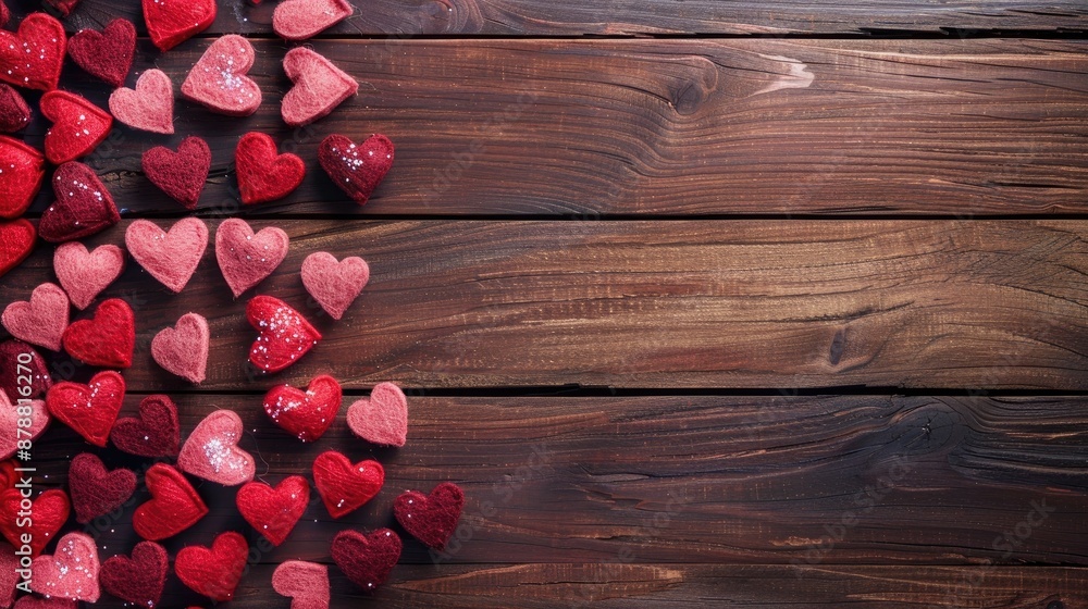 Canvas Prints heart shaped love symbols in red and pink colors on wooden surface viewed from above valentine s day