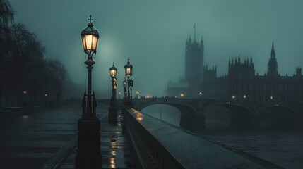 Obraz premium A foggy evening view of the houses of parliament in london