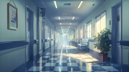 Hospital Corridor with Windows, Doors, and Ceiling Lamps Illustration