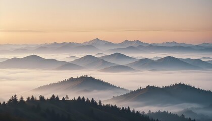 mountain layers and sunrise view in cold and foggy weather.