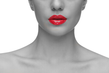 Woman with beautiful red lips on white background, closeup. Black and white effect with color accent
