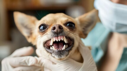 Angry Small Dog Snarling with Teeth Shown Being Examined Photo
