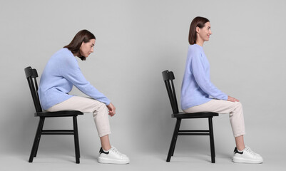 Woman with poor and good posture sitting on chair against light grey background. Collage of photos