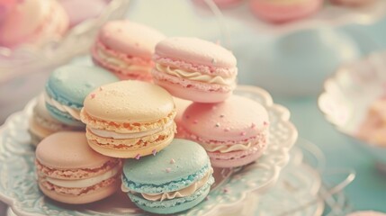 Obraz premium Colorful macarons on a white serving plate