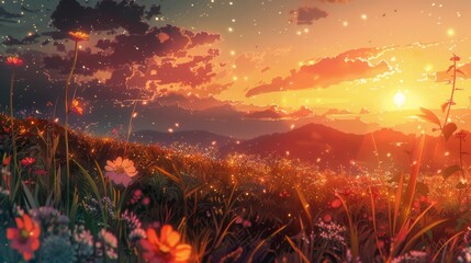 Obraz premium To signify the end of their journey, a group of people face the sunset in an animated movie.