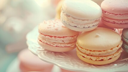 Close up of colorful macarons on a white platter