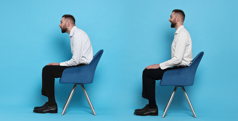 Man with poor and good posture sitting on chair against light blue background. Collage of photos