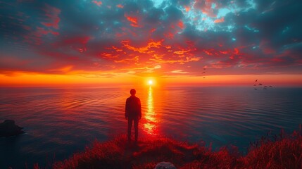 Fototapeta premium Sculpture of a person standing at sunset over the ocean