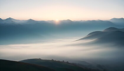 mountain layers and sunrise view in cold and foggy weather.
