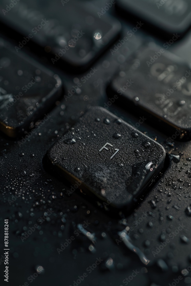 Aufkleber close-up shot of a keyboard with water droplets on the keys and surrounding areas, great for use in 