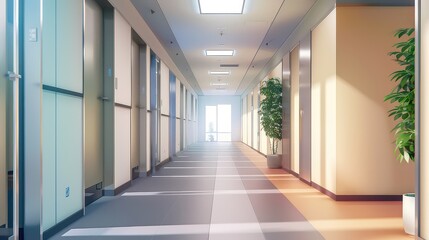 Main Hall in Building with Beautiful Lighting and Glass Reflections Illustration
