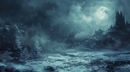 Fototapeta premium Snowy night landscape with full moon and distant castle