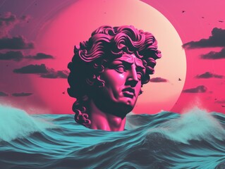 Fototapeta premium A serene scene of a head statue floating amidst a tranquil ocean at sunset.