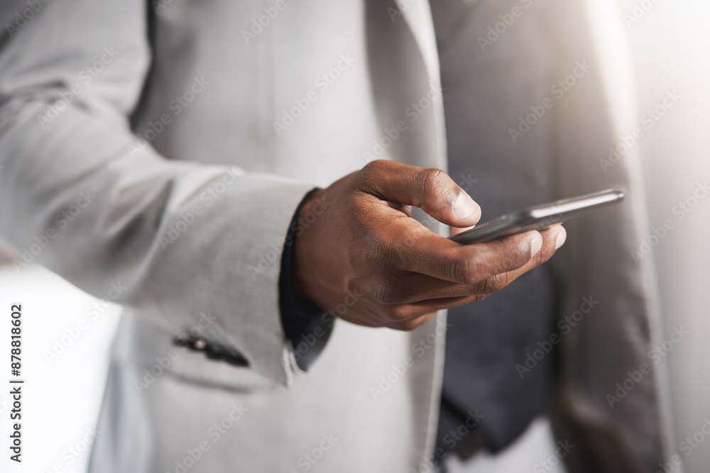 Aufkleber cellphone, hand and businessman with online communication for networking with investment client. pho