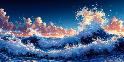 Naklejka premium 青い海と白い砂浜の水彩画