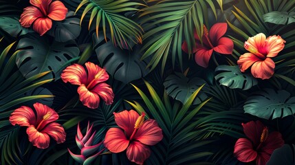 Contour pattern featuring tropical foliage and flowers. Monstera leaves, palm fronds, and an exotic bird of paradise.