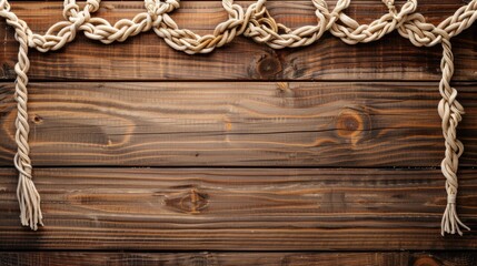 Macrame decoration on wood with empty space for text
