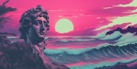 A serene scene of a  head statue floating amidst a tranquil ocean at sunset.