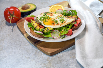 Toasted bread with grilled avocado, fried egg, lettuce, tomatoes, radish and herb garnish on a plate and a wooden kitchen board, healthy meal for breakfast, lunch or supper, copy space