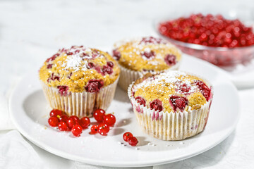Muffins with red currants and powdered sugar on a white plate, fruity summer dessert, homemade...