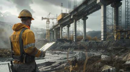 A construction worker in protective gear holding a clipboard, inspecting a bridge under construction on a cloudy day.