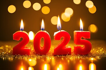 In center of image small Red Color burning candles in form of letters &ldquo;2025&rdquo; floating over festive blurred bokeh golden background