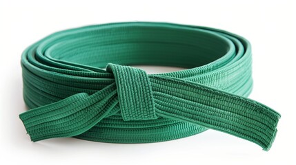 Green karate belt isolated on white. Martial arts uniform