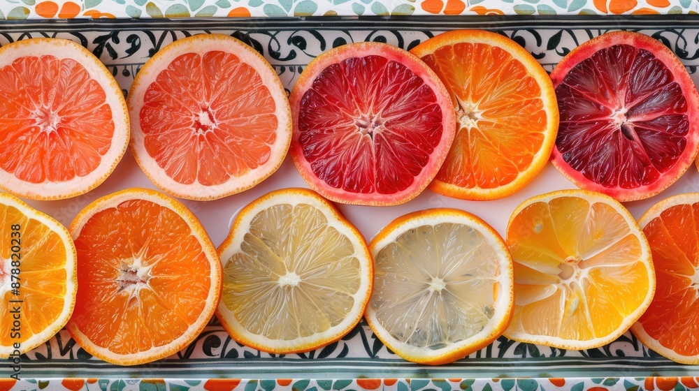 Aufkleber citrus slices in a patterned frame on white background